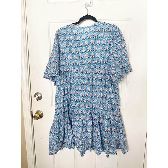Emerson Fry Dress Womens Medium Large Blue Floral Tiered Ruffle V-Neck Boho - Picture 3 of 6